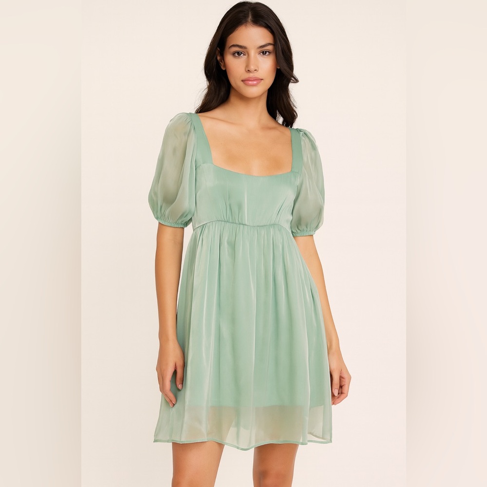 ARULA sage green metallic puff sleeve mini organza dress size XL
